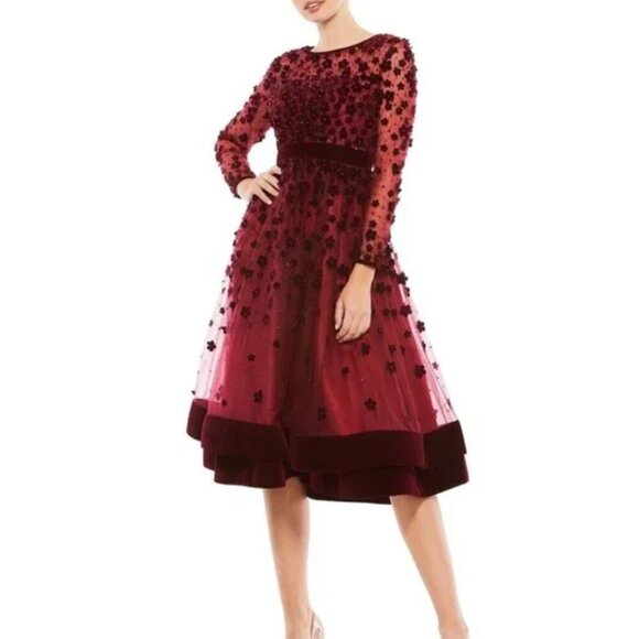 Mac‎ Duggal Embellished Floral Velvet Long Sleeve Dress Burgundy 16 - Picture 1 of 10
